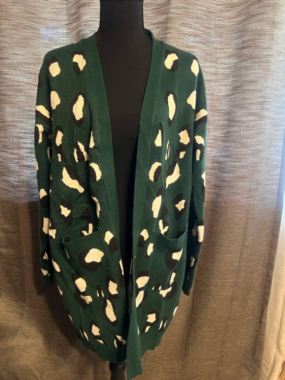 Forest Green Leopard-Print Open Cardigan